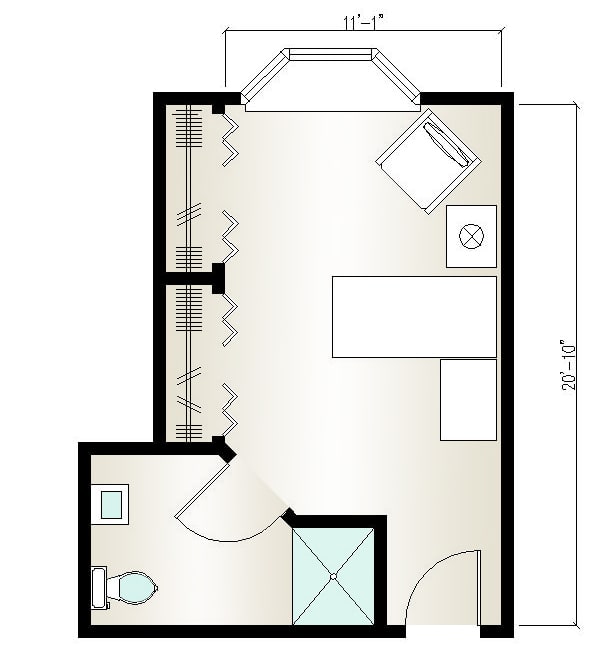 A compact floor plan of a studio apartment featuring a combined living and sleeping area, kitchenette, and bathroom.
