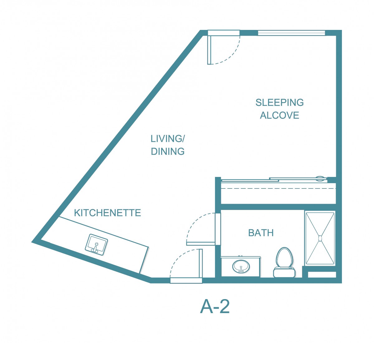 A studio apartment floor plan featuring a kitchenette, living area, sleeping alcove, and bathroom.