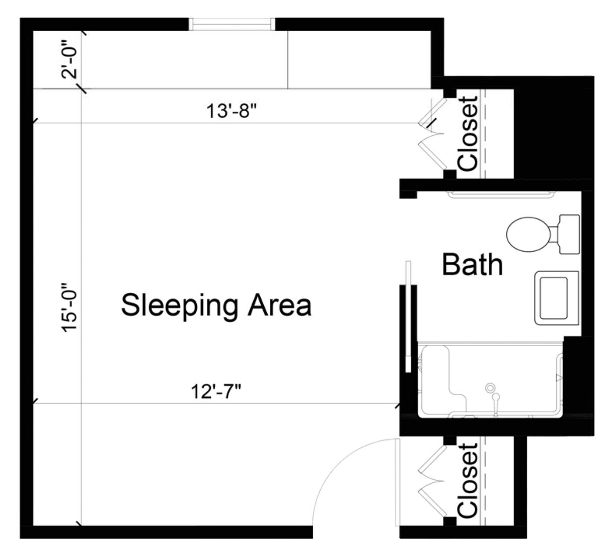 This is a floor plan of a studio apartment featuring a sleeping area, bathroom, and closets.
