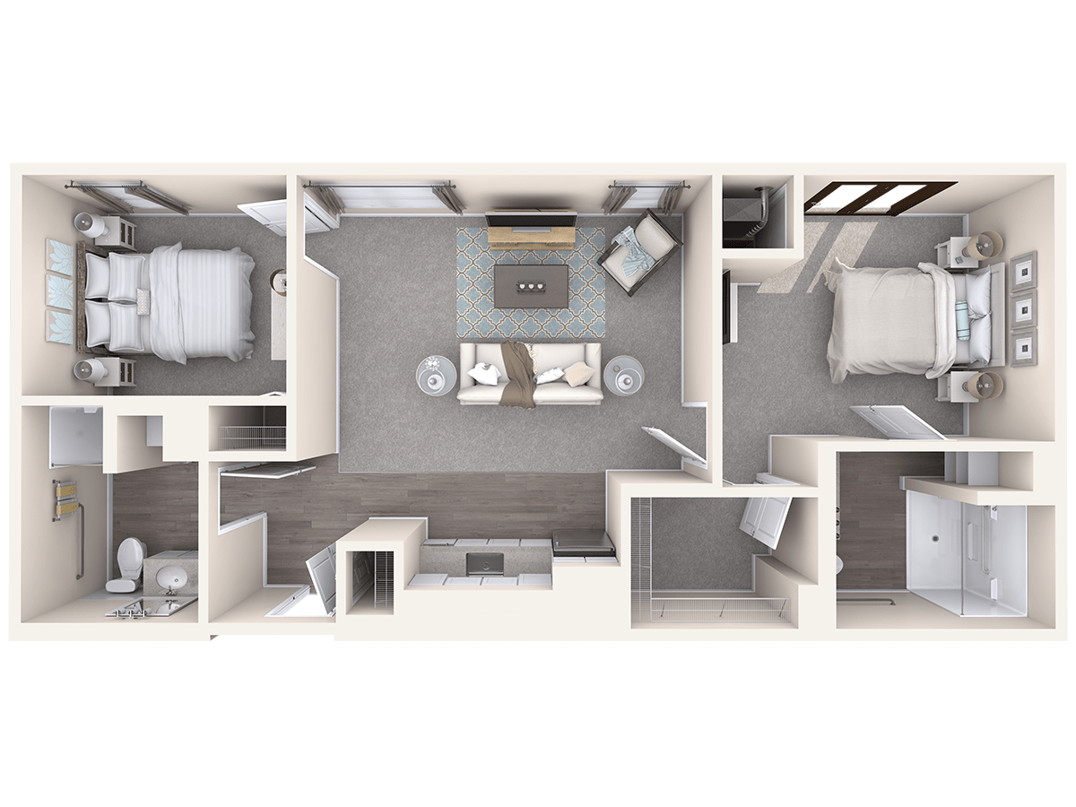 A top-down view of an apartment floor plan showing the layout of various rooms.