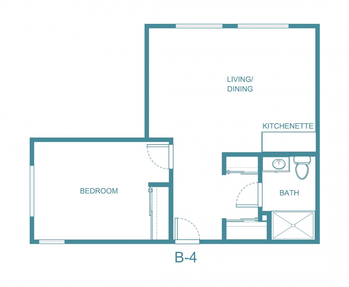 A simple one-bedroom apartment floor plan with a living/dining area, kitchenette, and bathroom.