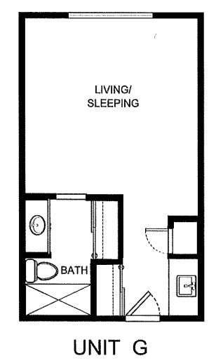 Studio apartment floor plan with living/sleeping area and bathroom.