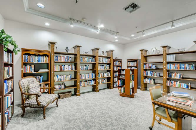 A cozy library room with bookshelves, comfortable seating, and a carpeted floor.