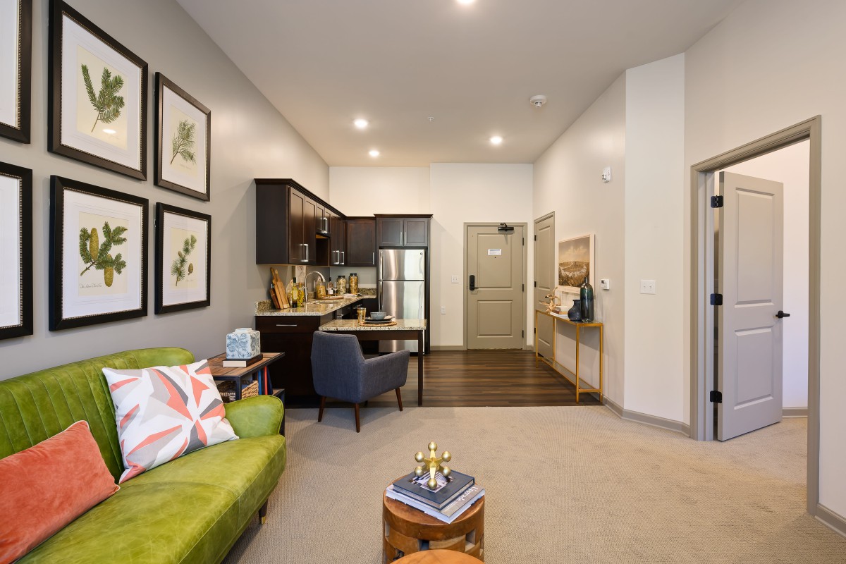 A modern open-concept living room and kitchen with stylish furniture and decor.