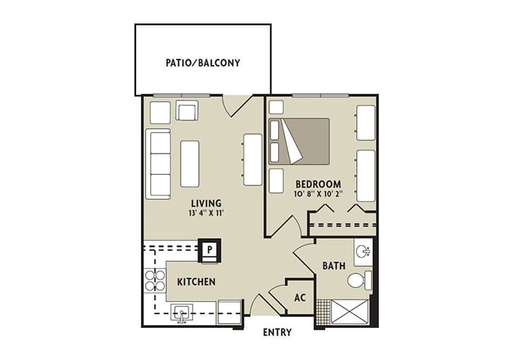 A floor plan of a one-bedroom apartment featuring a living area, kitchen, bathroom, and patio/balcony.