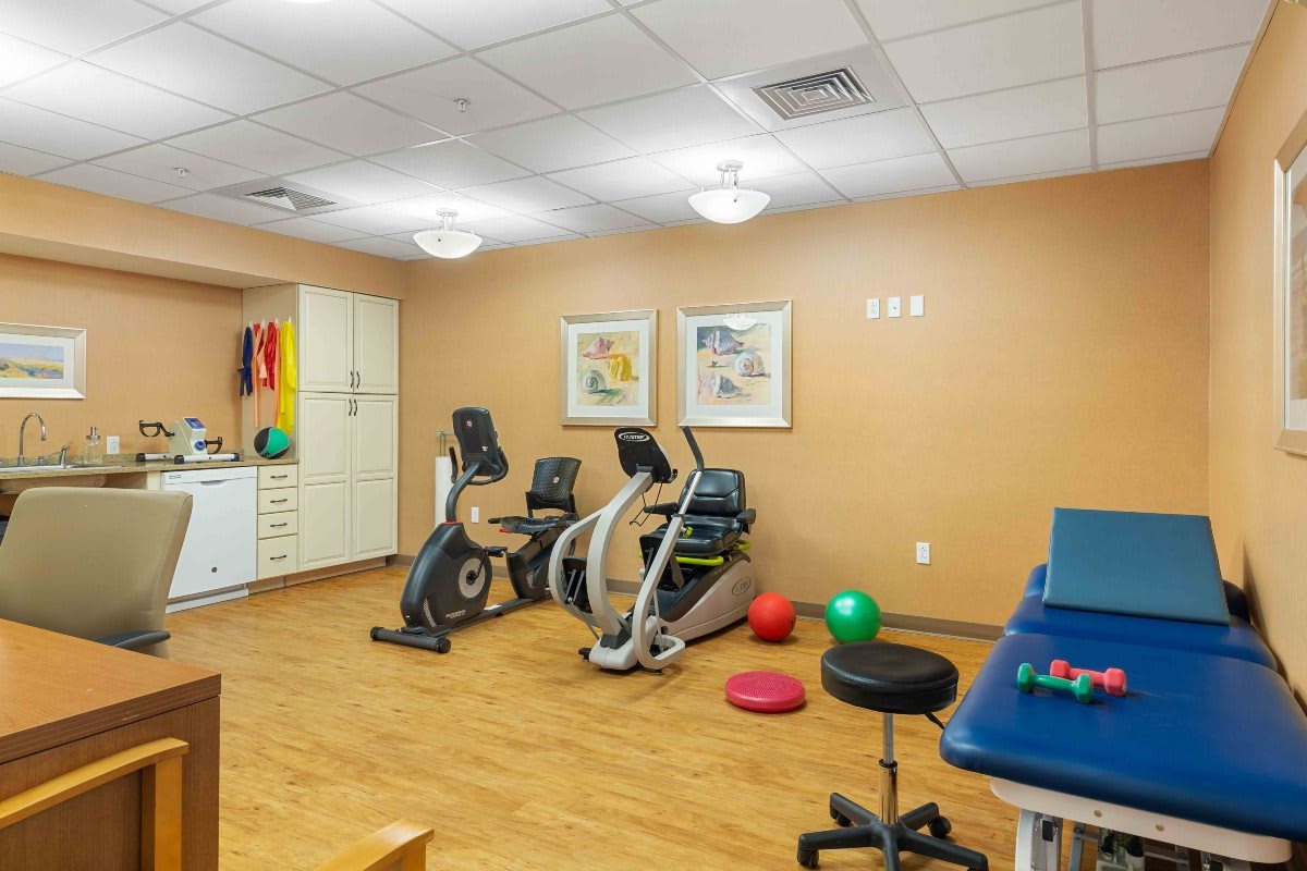 A fitness room equipped with stationary bikes and exercise balls, ideal for rehabilitation and light workouts.