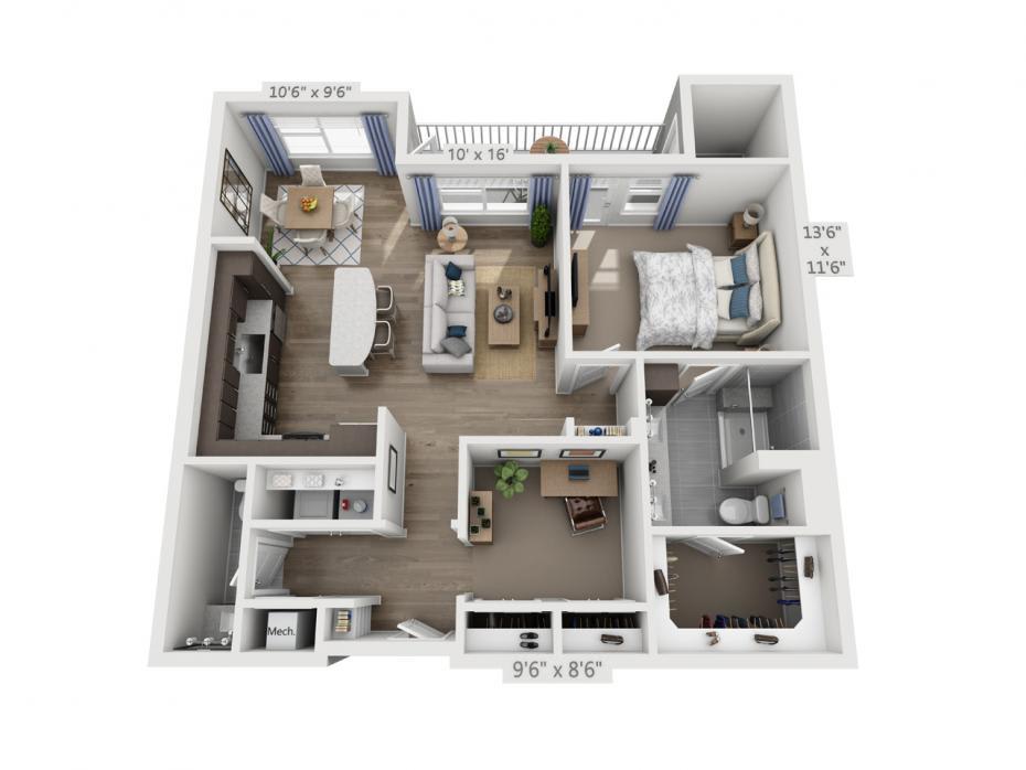 A detailed floor plan of a modern apartment with one bedroom, a living room, kitchen, and bathroom.