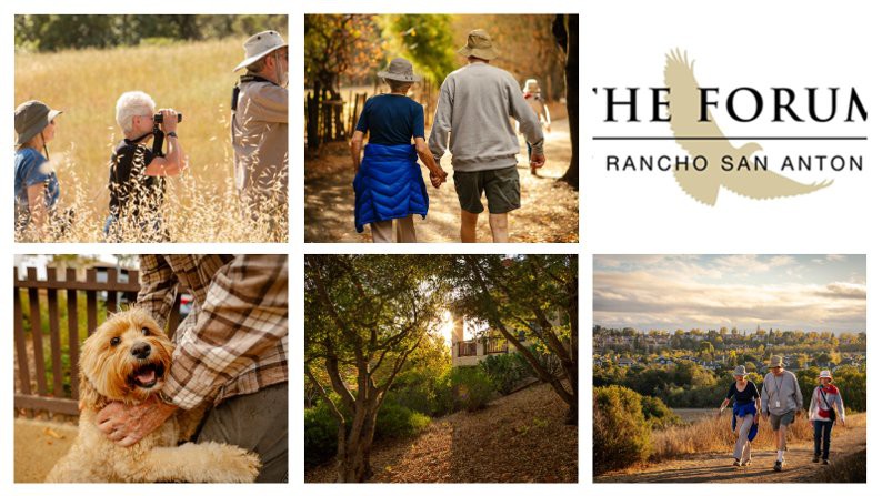 An elderly couple enjoys a scenic hike through a picturesque landscape at Heritage Ranch.