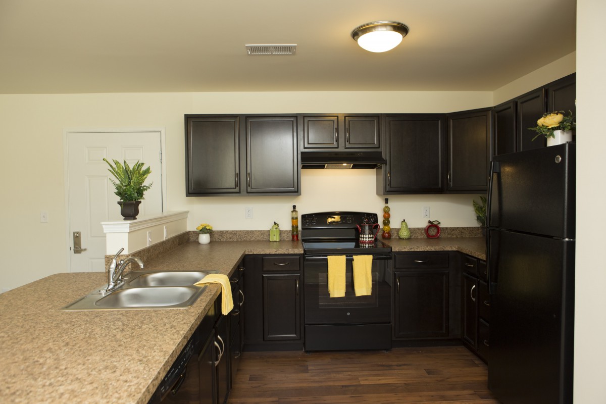 A modern kitchen with dark cabinets and appliances, featuring a spacious countertop and simple decor.