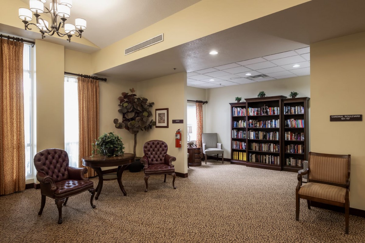 A cozy library interior with bookshelves, comfortable chairs, and decorative plants.