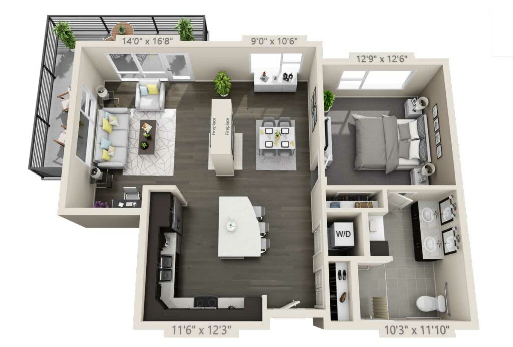 A detailed floor plan of a modern two-bedroom apartment with labeled dimensions.