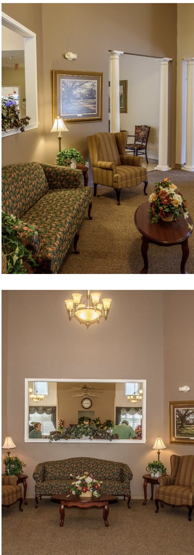 A cozy living room with a patterned sofa, armchair, and a coffee table adorned with flowers under a warm light fixture.