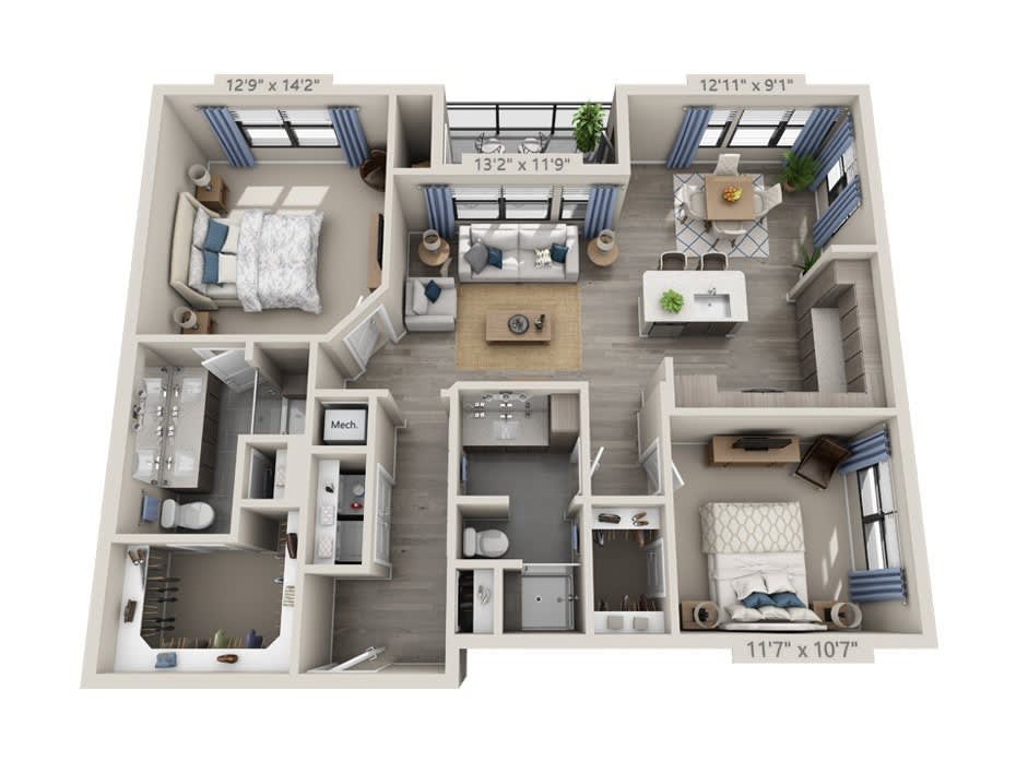 A detailed floor plan of a two-bedroom, two-bathroom apartment with a kitchen, living room, and dining area.