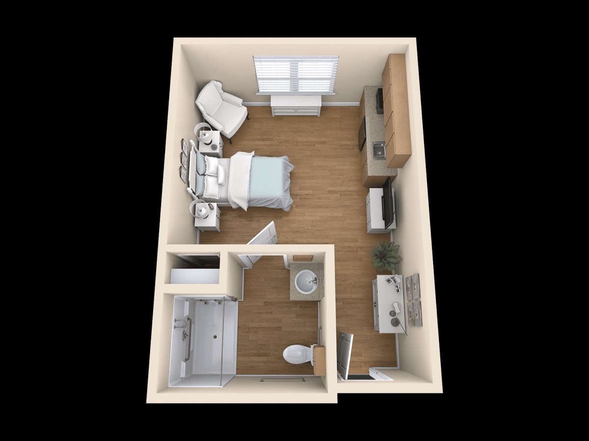 A 3D floor plan of a compact bedroom with attached bathroom.