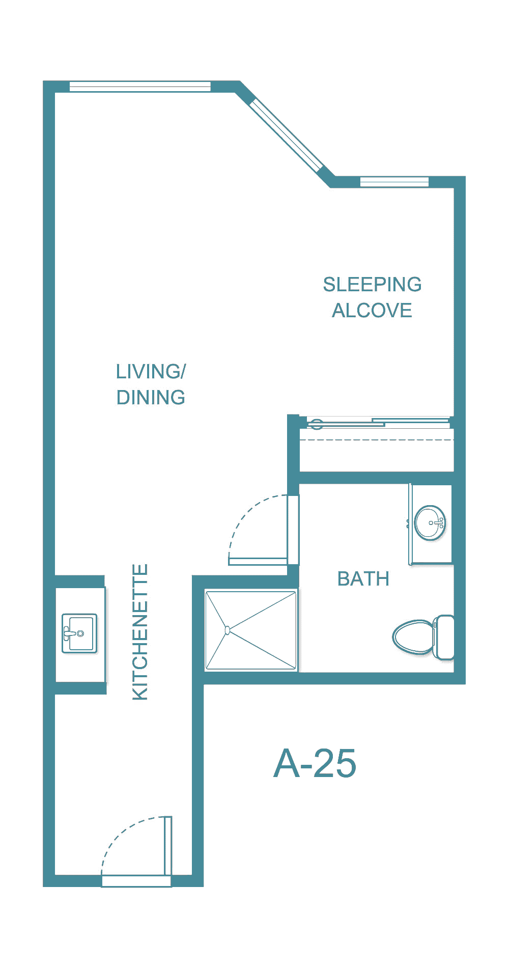 Floor plan of a studio apartment featuring a kitchenette, living/dining area, sleeping alcove, and bathroom.