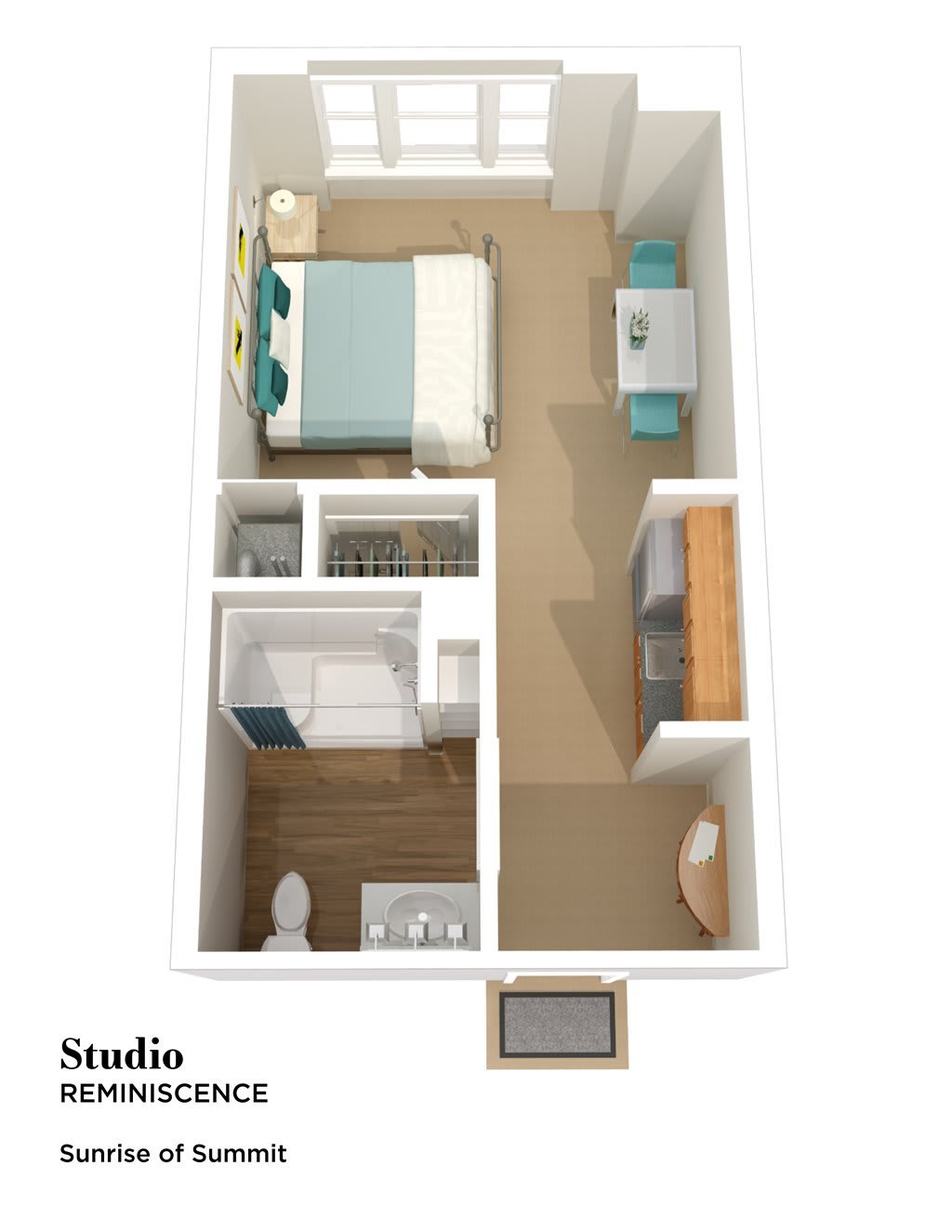 3D floor plan of a studio apartment showing layout and furniture arrangement.