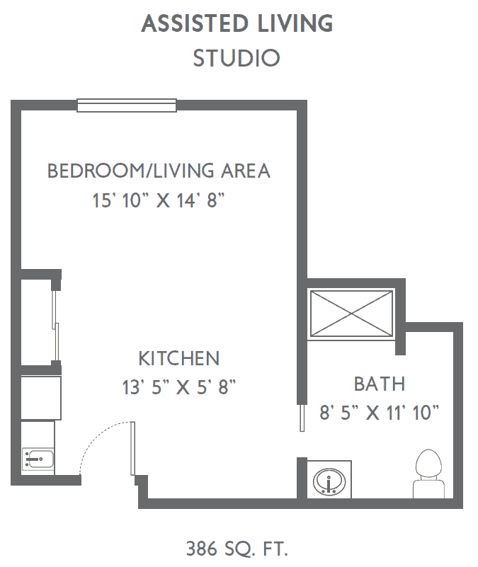 Studio apartment floor plan with labeled dimensions for bedroom/living area, kitchen, and bathroom.