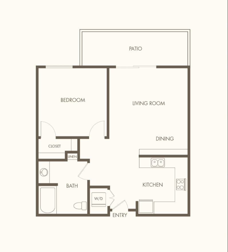 A floor plan for a one-bedroom apartment featuring a living room, kitchen, bathroom, and balcony.