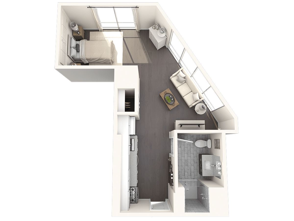 A 3D floor plan of an apartment with a bedroom, bathroom, kitchen, and living area.