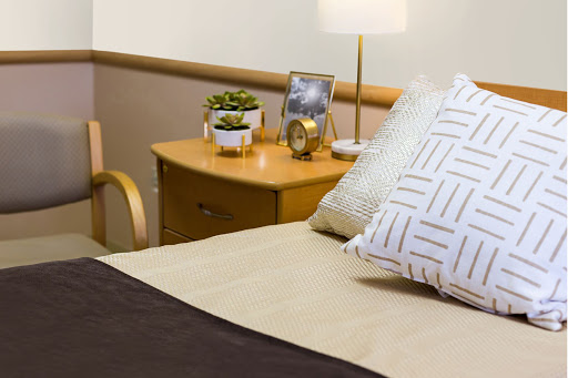 A cozy bedroom setup featuring a neatly made bed, decorative pillows, a stylish nightstand with a lamp, and a small plant.