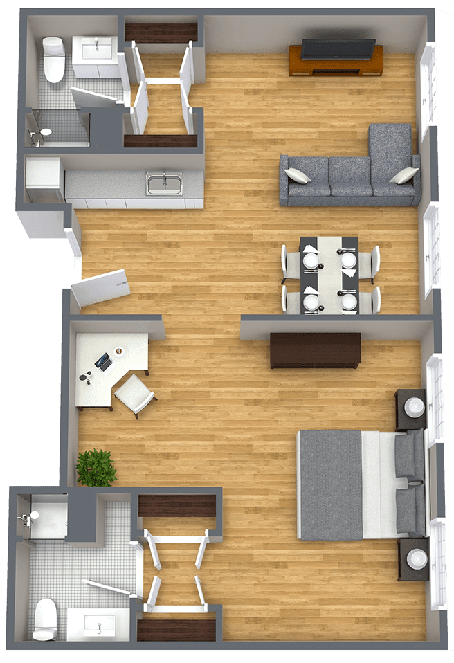 3D floor plan of an apartment featuring a living room, dining area, bedroom, and kitchen.