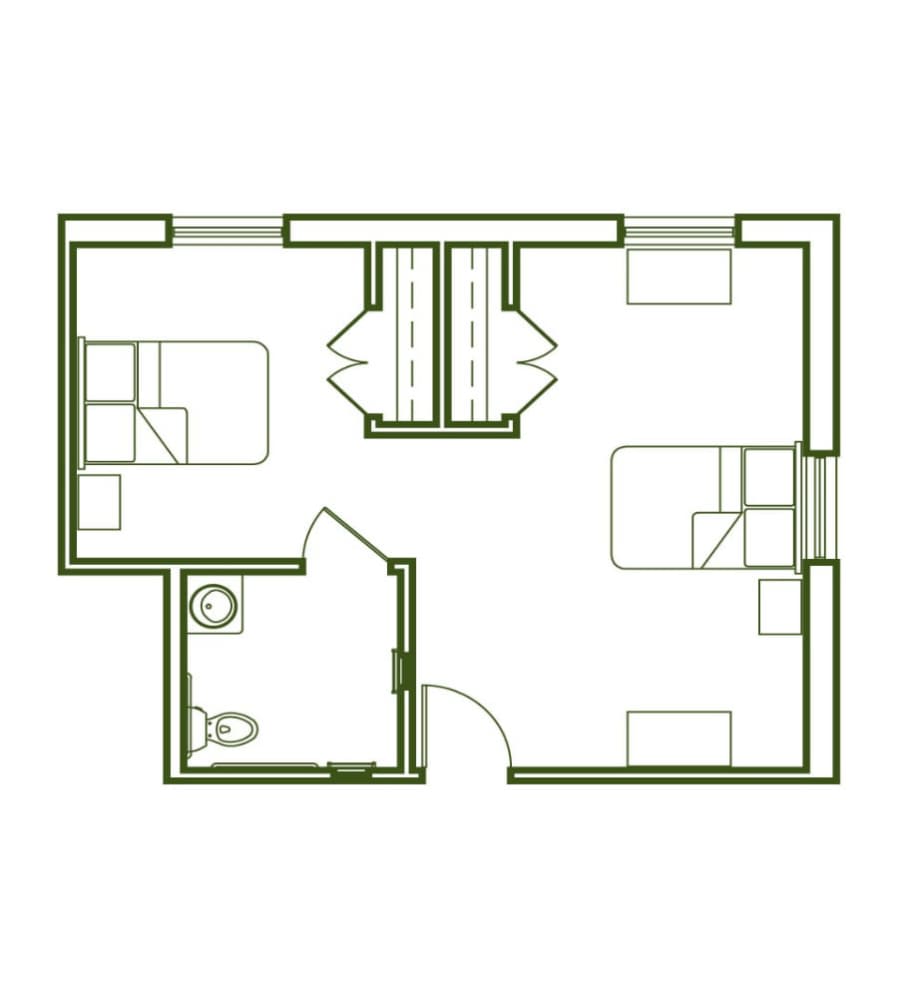 A simple floor plan layout showing two rooms and a bathroom.