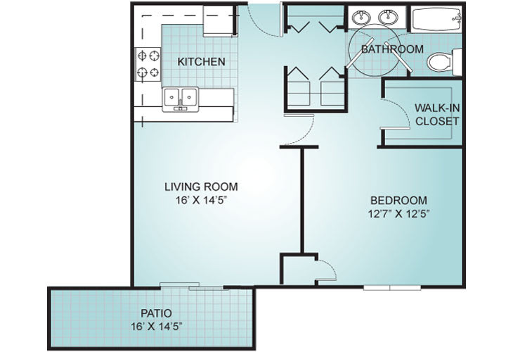 One-bedroom apartment floor plan with living room, kitchen, bathroom, walk-in closet, and patio.