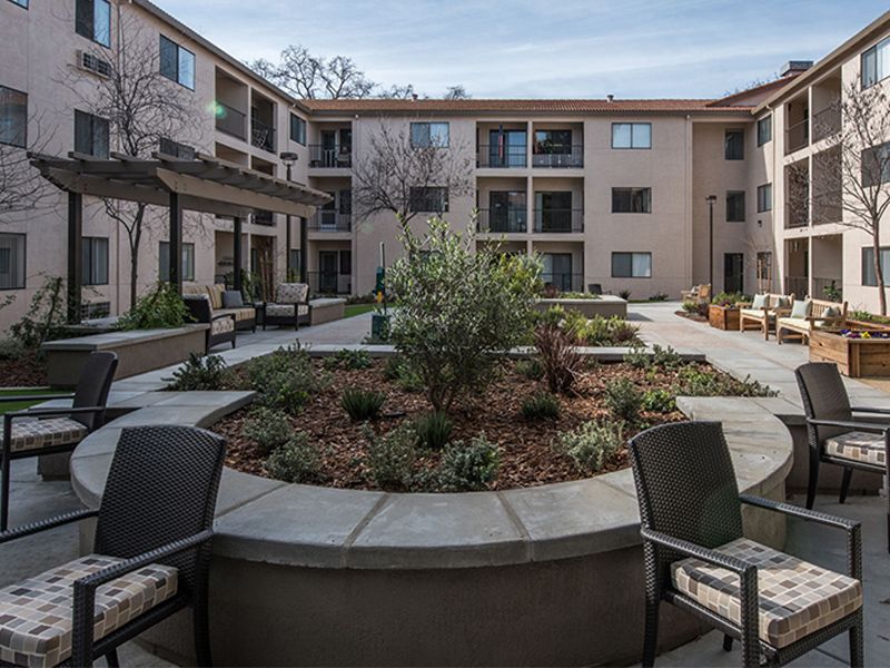 A serene courtyard view of an apartment complex with surrounding outdoor seating and landscaped garden.