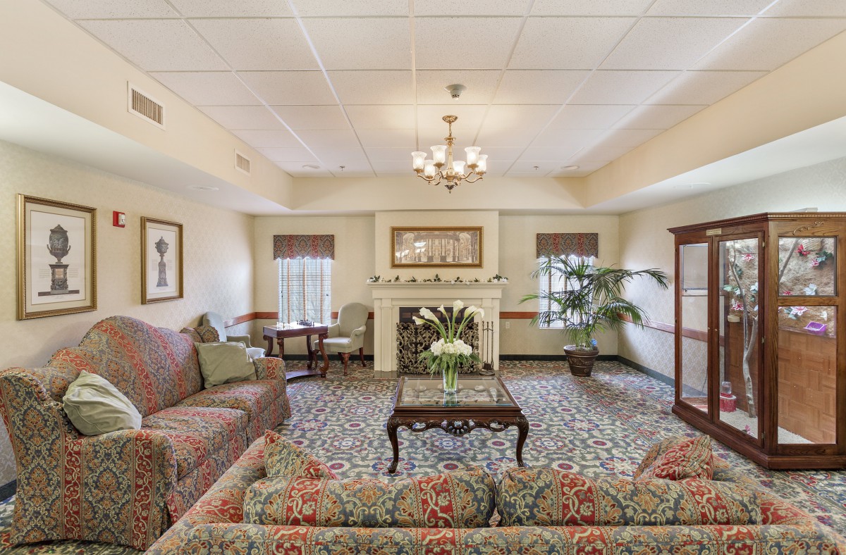 A cozy and elegantly decorated living room with a fireplace, sofas, and a chandelier.