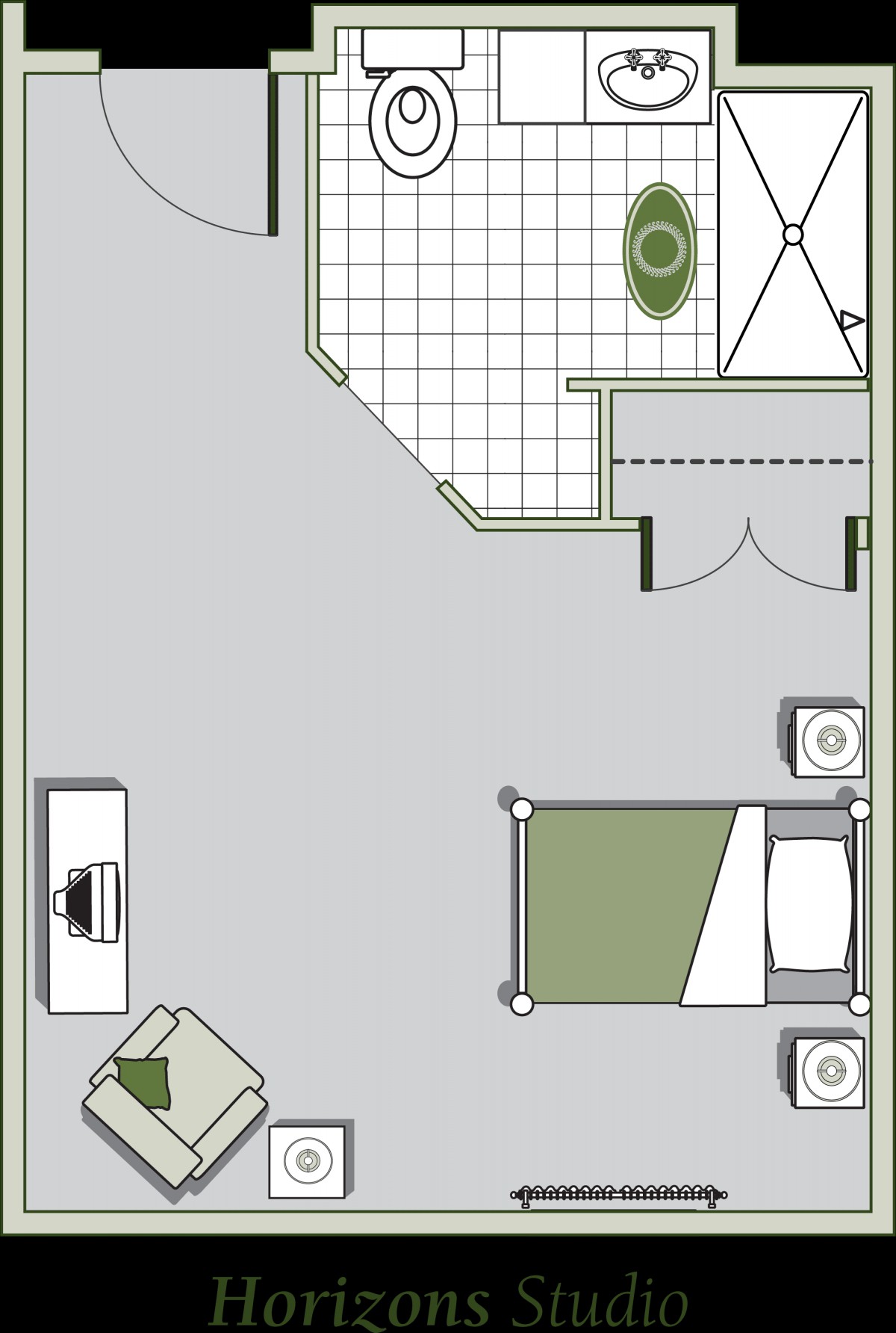 A simple bedroom floor plan showing furniture placement, including a bed, desk, and chair.