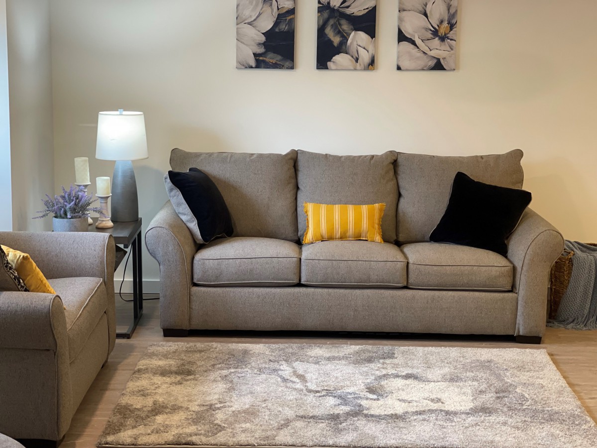A cozy living room with a comfortable sofa, decorative cushions, and elegant artwork on the walls.