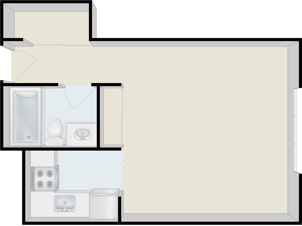 A simple floor plan showing a compact apartment layout with a kitchen and bathroom.