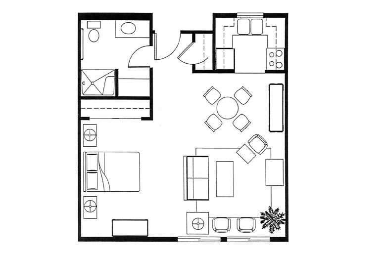 A detailed floor plan of a one-bedroom apartment with a living room, kitchen, and bathroom.