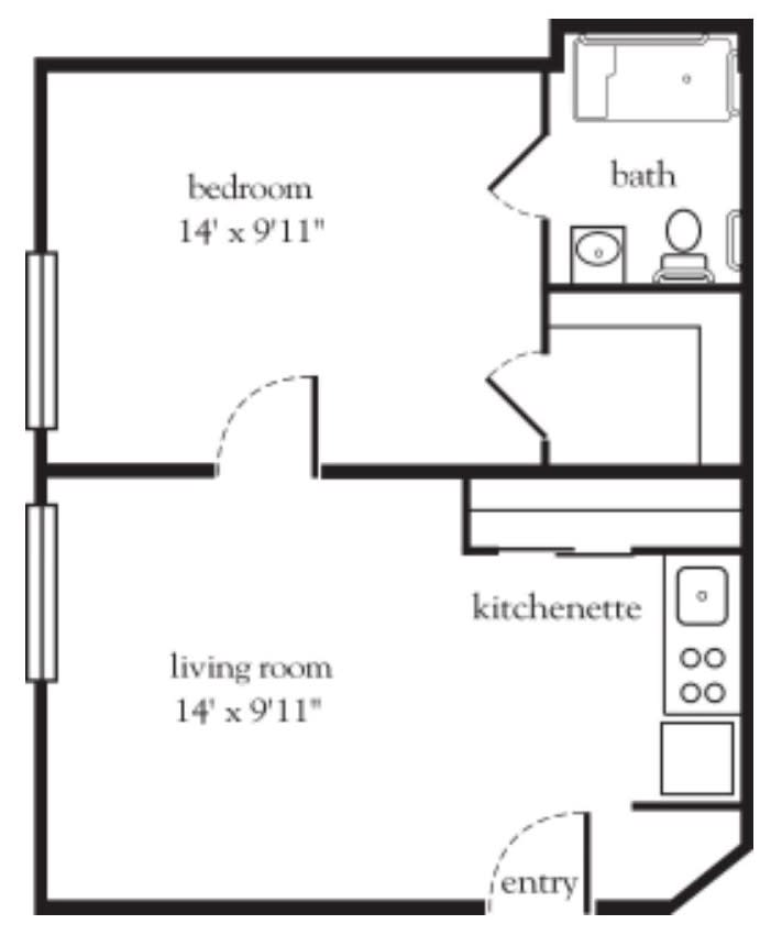 A floor plan of a simple apartment with one bedroom, a living room, kitchenette, and bathroom.