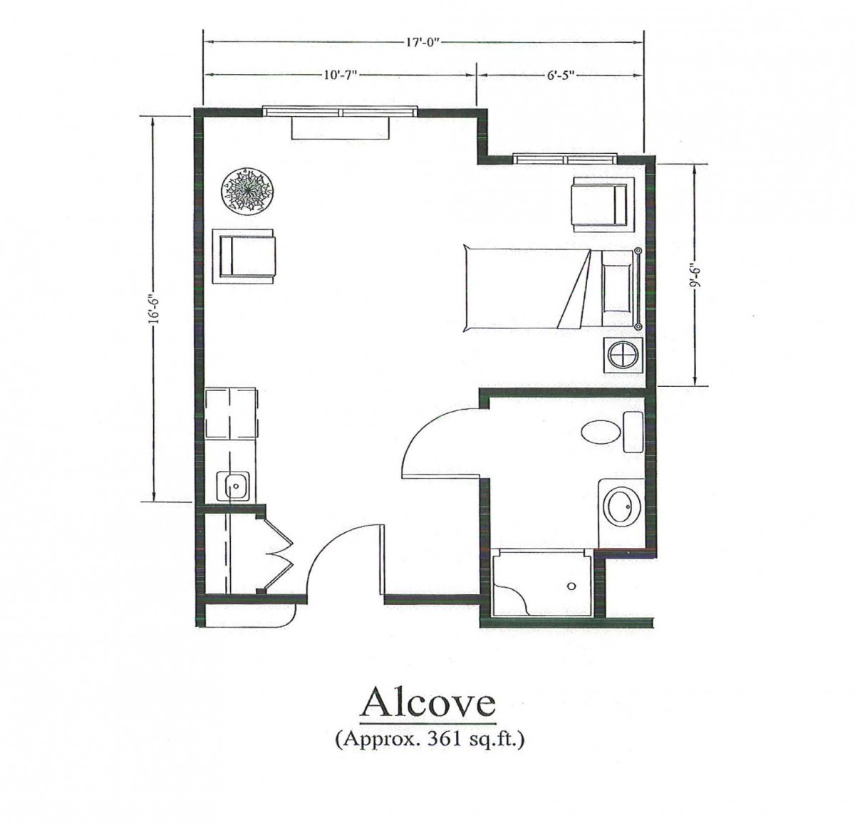 A floor plan of an alcove studio apartment measuring 390 sq. ft.
