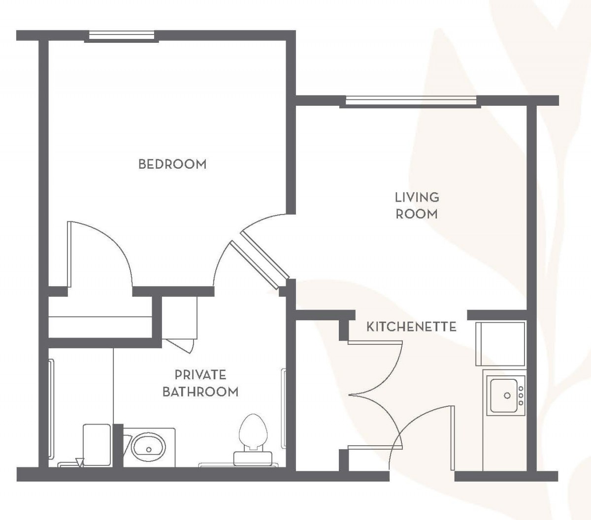 A floor plan of a one-bedroom apartment with a living room, kitchen, and private bathroom.