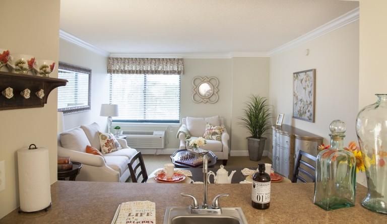 A cozy and well-decorated living room in an apartment with comfortable furniture and a large window.