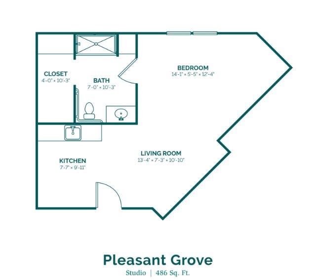 A floor plan of a Pleasant Grove apartment featuring one bedroom, a kitchen, bathroom, living room, and closet.