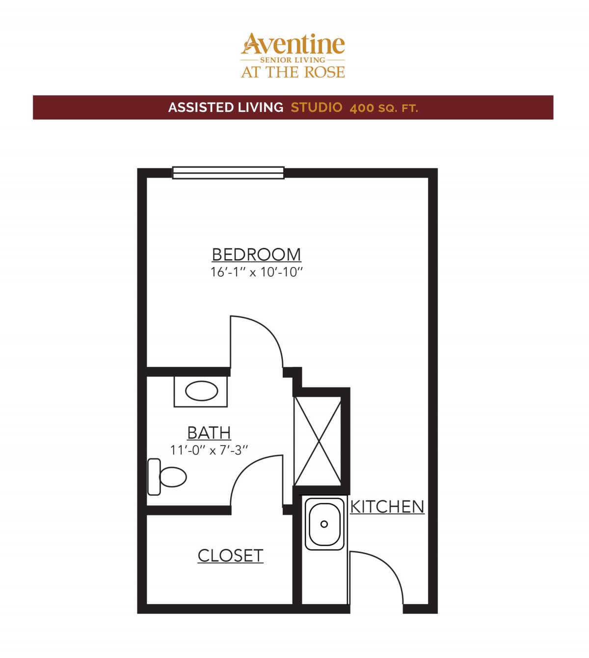 A floor plan of a studio apartment featuring a bedroom, bathroom, closet, and kitchen.