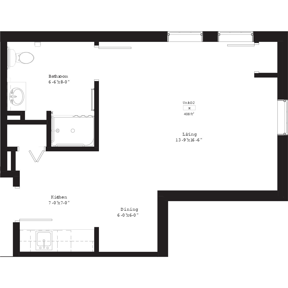 This image is a floor plan showing the layout of an apartment, including rooms and architectural features.