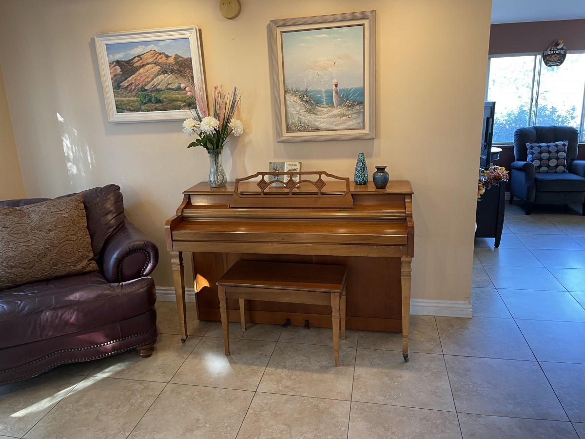 A cozy living room featuring a wooden piano with a matching bench, adorned with decorative items and flanked by paintings on the wall.