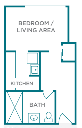 A floor plan of a studio apartment featuring a combined bedroom/living area, a kitchen, and a bathroom.