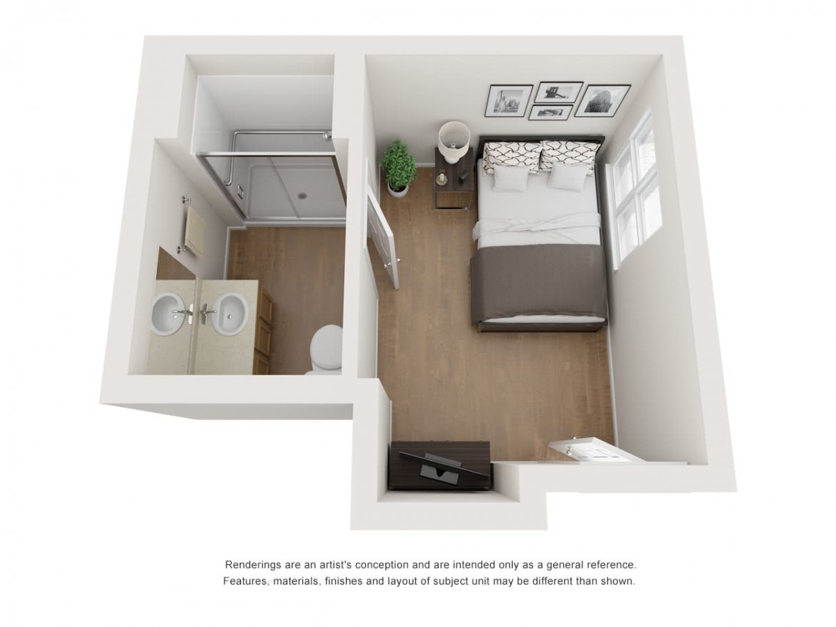 A compact and modern floor plan featuring a cozy bedroom and an adjacent bathroom.