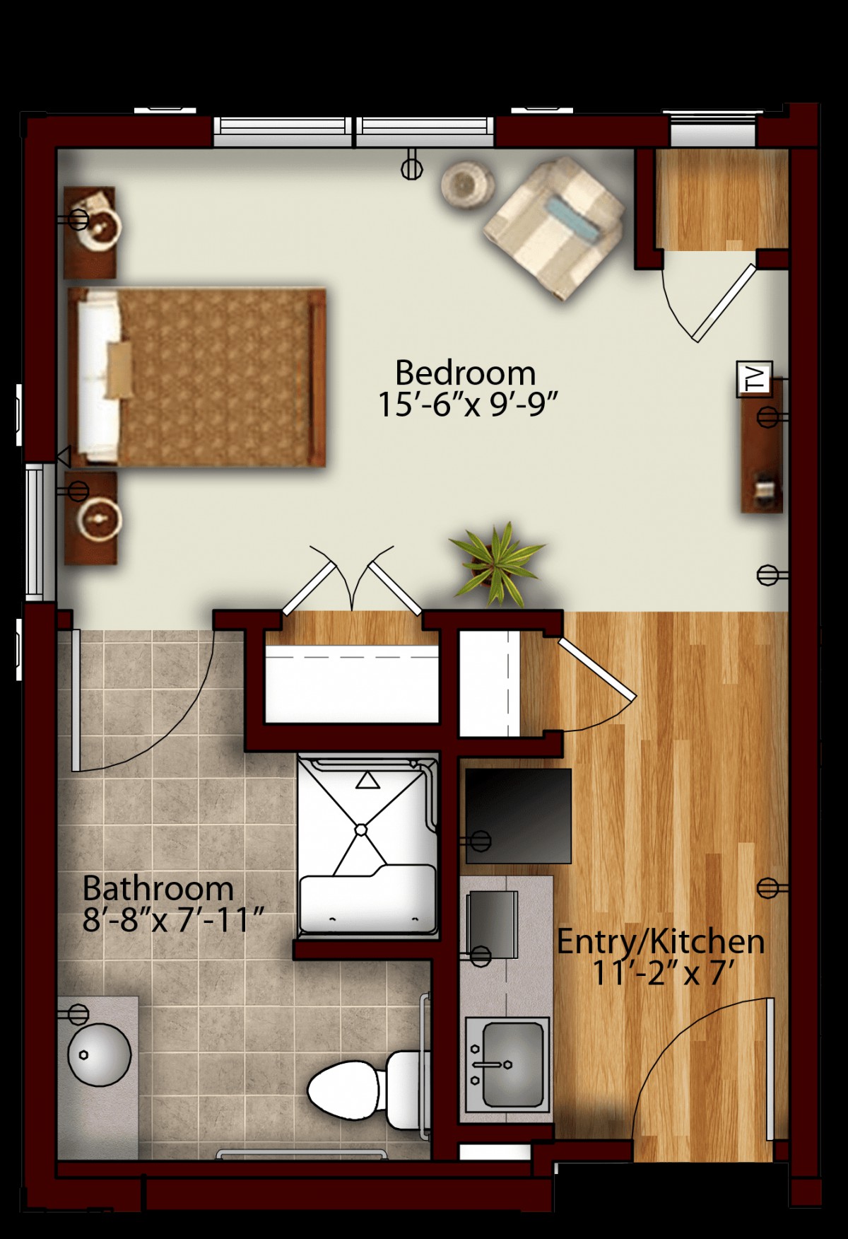 A detailed floor plan of a one-bedroom apartment showcasing the layout with dimensions for the bedroom, bathroom, and entry/kitchen area.