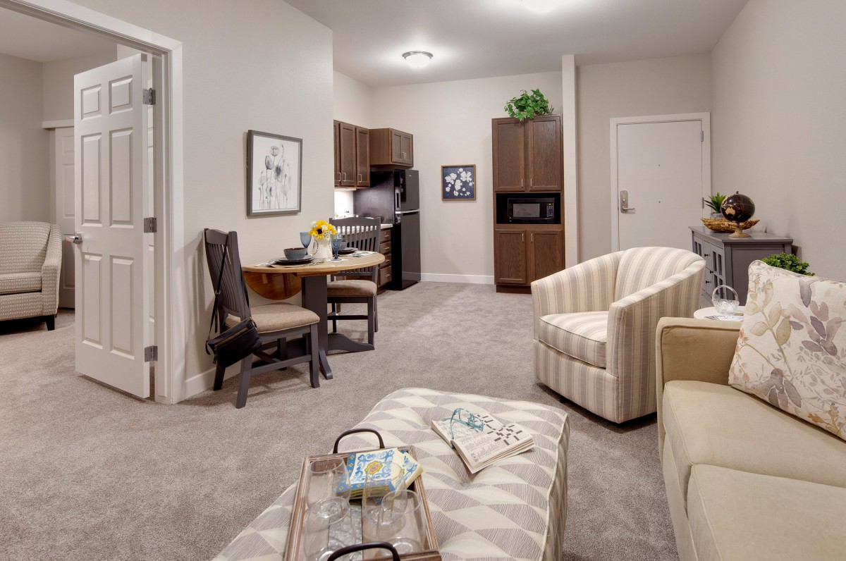A cozy and modern apartment interior featuring a living room and kitchen area.