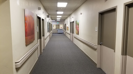 A view down a well-lit corridor featuring several doors and artwork on the walls.