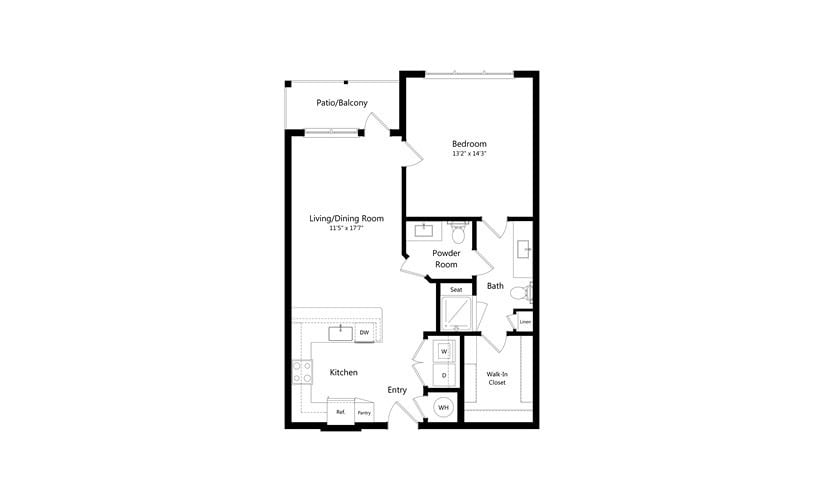 A detailed floor plan of a one-bedroom apartment with a kitchen, living room, bathroom, and balcony.