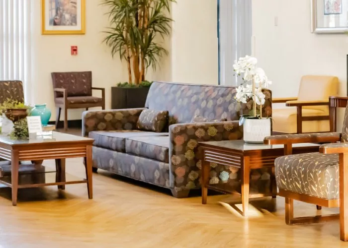 A comfortable lobby area with a sofa, chairs, and tables adorned with indoor plants.