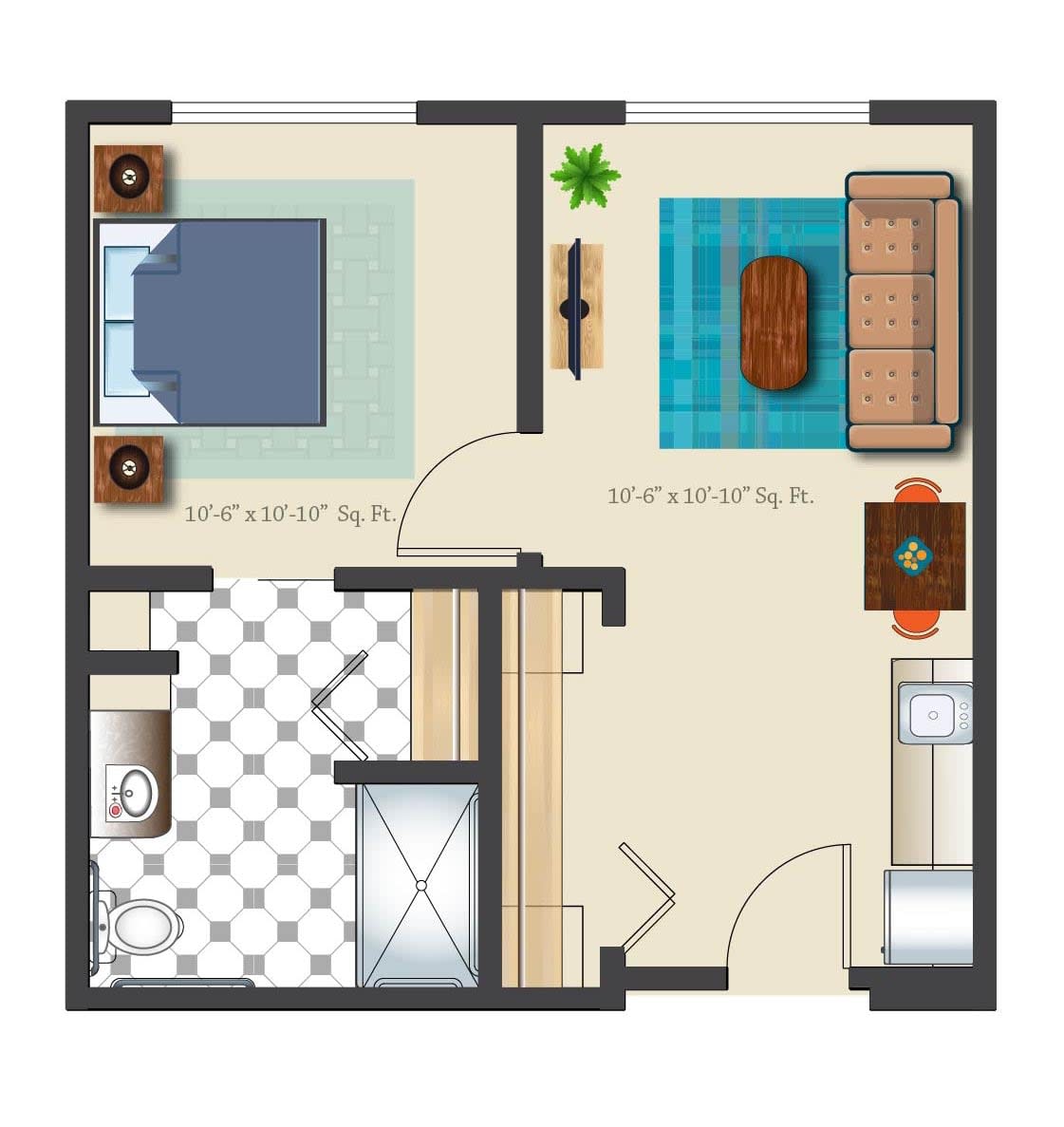 A one-bedroom apartment floor plan with a living room, kitchen, and bathroom.