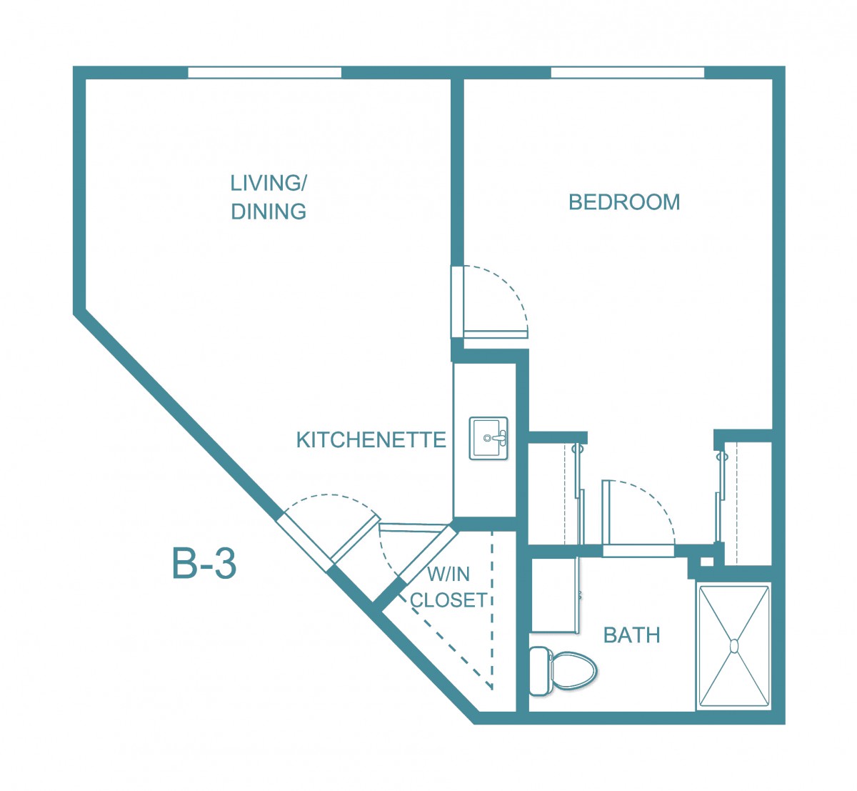 A blueprint of a one-bedroom apartment layout featuring a kitchenette, living/dining area, and bathroom.